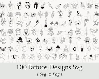 100 Tattoo Designs SVG and PNG | Doodle Cut Files, Commercial Use