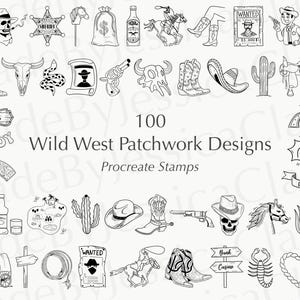 Può includere: Un set di 100 timbri Procreate in bianco e nero a tema Far West. I timbri presentano varie immagini, tra cui cowboy, cactus, cavalli, pistole e insegne di saloon. Il testo "100 Wild West Patchwork Designs Procreate Stamps" è incluso nell'immagine.