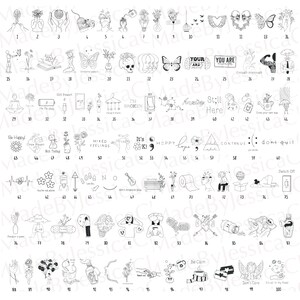 May include: A collection of 100 black and white line art illustrations, featuring various themes such as nature, mental health, and inspirational quotes. The designs include flowers, butterflies, brains, and text like "Be Happy" and "Still Here".