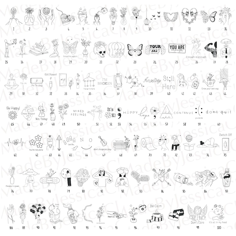 May include: A collection of 100 black and white line art illustrations, featuring various themes such as nature, mental health, and inspirational quotes. The designs include flowers, butterflies, brains, and text like "Be Happy" and "Still Here".