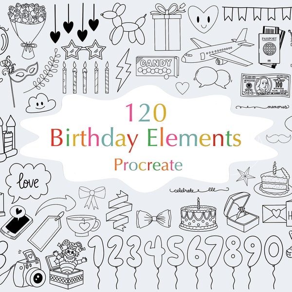 Procreate Birthday Stamps | Procreate Party stamps | Doodle stamps | Balloons, cakes, gifts | Stamp Brushset | Commercial Use Included