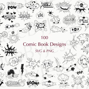 Może przedstawiać: Zbiór 100 czarno-białych wzorów komiksowych, w tym dymki z napisami takimi jak "BAM", "POW" i "CRASH". Zawiera również eksplozje, błyskawice i inne elementy graficzne. Widoczny jest również tekst "Comic Book Designs".