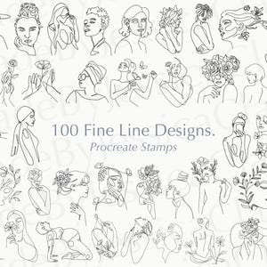 Puede incluir: Una colección de 100 diseños de línea fina que presentan ilustraciones minimalistas de mujeres en varias poses, adornadas con flores y mariposas. Se muestra el texto "100 Fine Line Designs. Procreate Stamps".