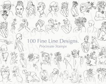 100 Carimbos de Tatuagem de Linha Fina para Procreate | Desenhos Florais e Minimalistas