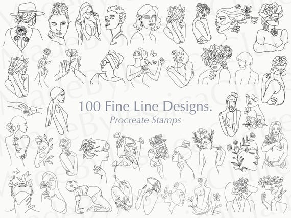 100 Fine Line Tattoo Procreate Stamps | Floral & Minimal Designs