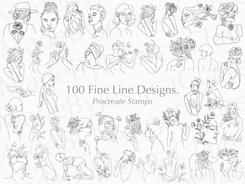 May include: A selection of 100 fine line designs showcasing minimalist illustrations of women in diverse poses, decorated with flowers and butterflies. The text "100 Fine Line Designs. Procreate Stamps" is visible.
