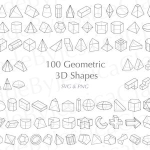 Może przedstawiać: Rysunek liniowy 100 geometrycznych kształtów 3D, w tym sześcianów, stożków i kul. Obraz zawiera tekst "100 Geometric 3D Shapes SVG & PNG". Kształty są ułożone w rzędach.