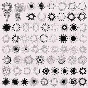 May include: A collection of 50 black and white sun illustrations. The sun designs are in various styles, including simple circles, detailed rays, and geometric shapes. Some suns have faces, while others are abstract.
