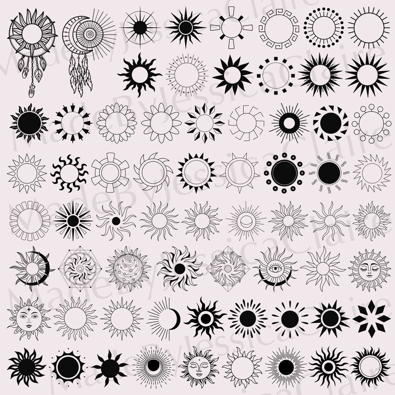 May include: A collection of 50 black and white sun illustrations. The sun designs are in various styles, including simple circles, detailed rays, and geometric shapes. Some suns have faces, while others are abstract.