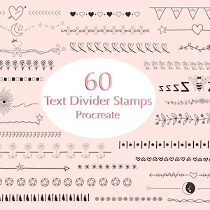 Puede incluir: Un conjunto de 60 sellos divisores de texto en blanco y negro para Procreate. Los sellos presentan una variedad de diseños, que incluyen corazones, estrellas, flores y formas geométricas.