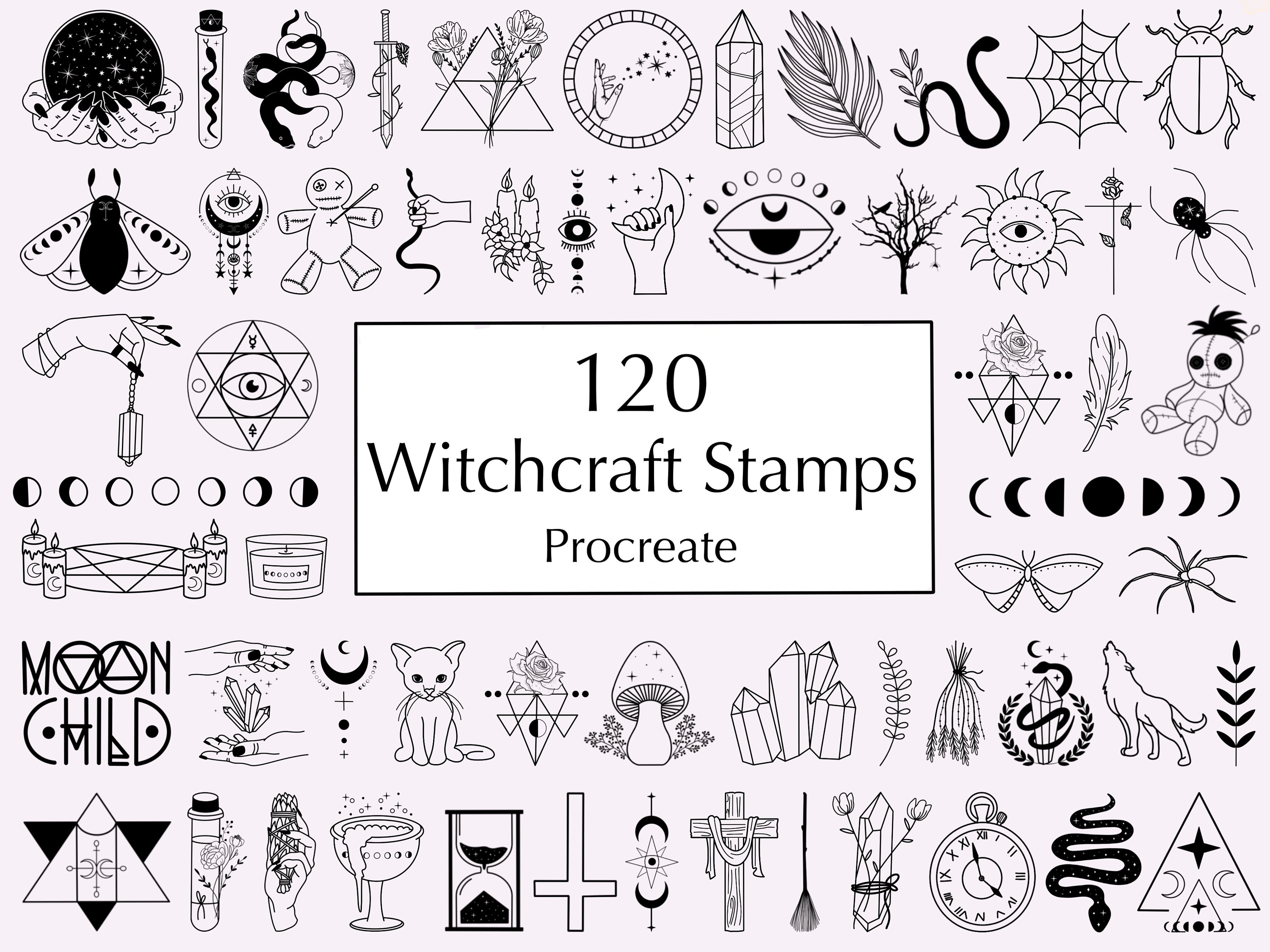 Paquete de sellos para Procreate Witchcraft | Místico, celestial, magia oscura, cristales y pociones | 120 pinceles sello | Uso comercial