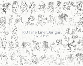 May include: A collection of 100 fine line designs in SVG and PNG formats. The designs feature minimalist line art portraits of women with floral and butterfly accents. The illustrations are in black and white.