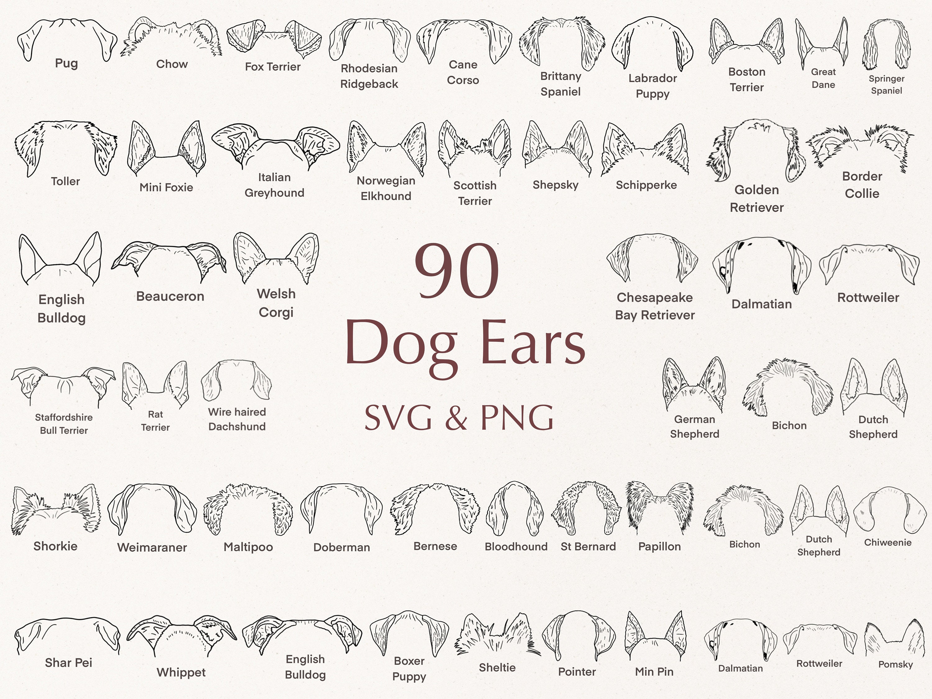 Dog Breed Ears SVG Hand Drawn Dog ears outline bundle - Etsy España