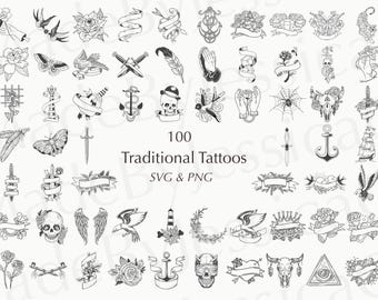May include: A collection of 100 traditional tattoo designs in SVG and PNG formats. The black and white illustrations include various motifs such as roses, swallows, daggers, anchors, skulls, and banners, suitable for tattoo art or graphic design projects.