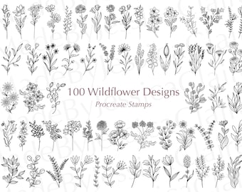 May include: A set of 100 black and white line art wildflower designs, perfect for creating digital stamps for the Procreate app. The designs feature a variety of flowers, leaves, and stems.