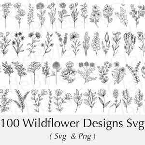 SVG y PNG de flores silvestres / SVG de tatuaje floral / SVG botánico / Archivo de corte de tatuaje / Archivo de corte de garabato / Plantilla