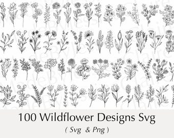 Wildflower Line Art SVG | 100 Floral Tattoo Designs (PNG)