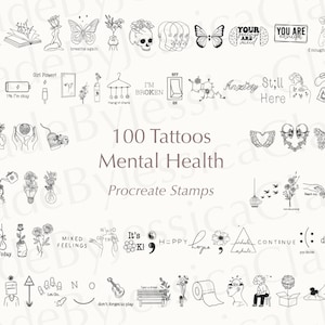 Puede incluir: Un conjunto de 100 sellos de Procreate con temas de salud mental. Las ilustraciones en blanco y negro incluyen mariposas, flores y frases como "Girl Power!". El texto "Mental Health" también es visible.