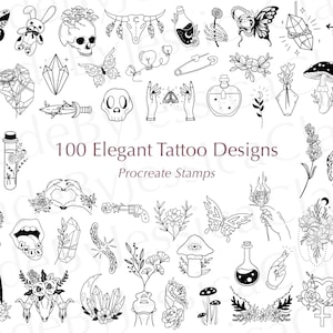 100 Elegant Tattoo Designs | Procreate stamps | Minimal Tattoos | Floral stamps | Commercial license included