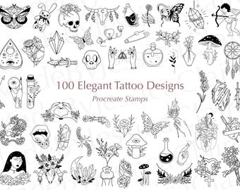 May include: Black and white line art illustrations of various designs, including a butterfly, skull, crystals, and a dreamcatcher. The text reads "100 Elegant Tattoo Designs Procreate Stamps".