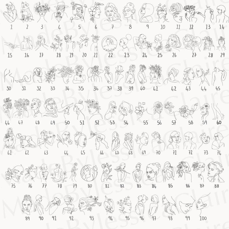 May include: A set of 100 line drawings depicting faces and figures in a minimalist style. The illustrations showcase diverse poses, hairstyles, and floral elements. Each image is numbered from 1 to 100.