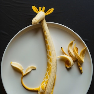 Könnte beinhalten: Ein weißer Teller mit einer zu einer Giraffe geformten Banane und einer Bananenschale auf schwarzem Hintergrund.
