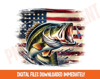 USA Patriotic Bass Fishing png, American Flag Bass png, USA Fish Sublimation PNG, Fishing Lure png, Distressed Flag Design Download