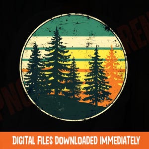 May include: A retro-style design featuring a circle with a vintage-inspired background of orange, yellow, and green stripes. The circle contains a silhouette of five pine trees against a dark green background.