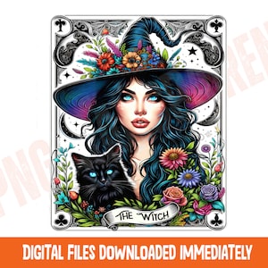 La carta dei tarocchi della strega png, design a sublimazione gotica, belle vibrazioni da strega Wicca Pagan Black Cat png, fantastici tarocchi png