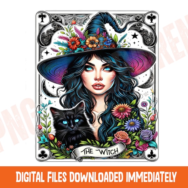 The Witch Tarot Card png, Gothic Sublimation Design, Pretty Witchy Vibes Wicca Pagan Black Cat png, Cool Tarot png
