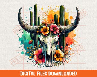 Boho Floral Bull Skull PNG Western Cactus Graphic (Digital Download)