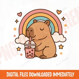 Carpincho png, boba té png, té de burbujas png, lindo carpincho png, diseño de sublimación, kawaii animal png, arco iris png, linda anima