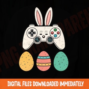 Könnte beinhalten: Eine Schwarzweißillustration eines Videospielcontrollers mit Hasenohren und drei Ostereiern. Die Eier sind gelb, blau und rosa mit weißen Mustern.