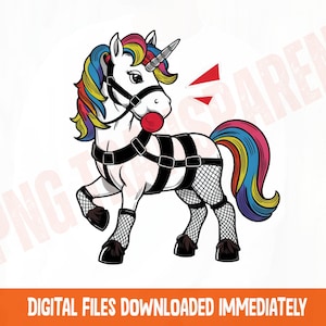 May include: A cartoon unicorn with a white body, rainbow mane and tail, and a silver horn. It wears a black harness, fishnet stockings, and a red ball gag. The text "DIGITAL FILES DOWNLOADED IMMEDIATELY" is at the bottom.
