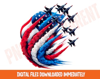 May include: A digital graphic illustration featuring a formation of dark blue fighter jets flying in a diagonal line. Each jet leaves a trail of red, white, and blue smoke that swirls into the shape of a stylized American flag background.