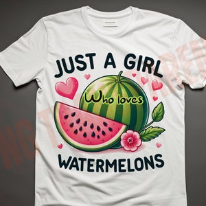Op de afbeelding: Wit T-shirt met een grafisch ontwerp van een watermeloen en de tekst "Just a girl who loves watermelons".
