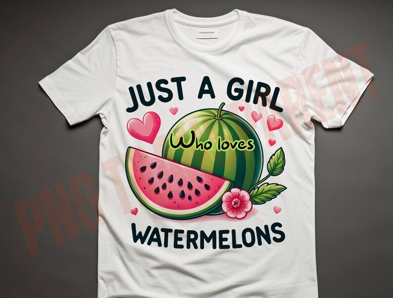 Op de afbeelding: Wit T-shirt met een grafisch ontwerp van een watermeloen en de tekst "Just a girl who loves watermelons".