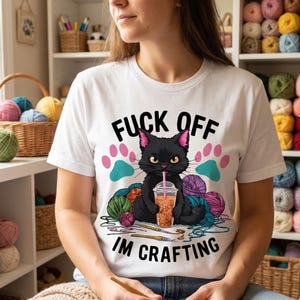 Funny Black Cat Crafting PNG: Yarn & Bubble Tea Clipart (Digital Download)