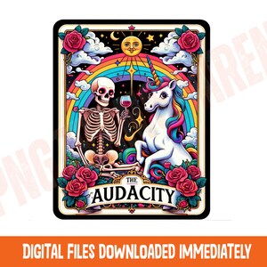 Lustige Tarot-Karte PNG, sarkastisches Skelett-Sublimationsdesign, cooles beliebtes trendiges buntes Einhorn