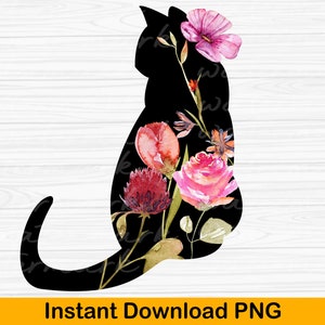 Floral Cat Clip Art PNG, Digital Download, Floral Cat png, Floral Cat sublimation png, Cat Png, Cat Clipart, Funny Cat Png, Black Cat Png