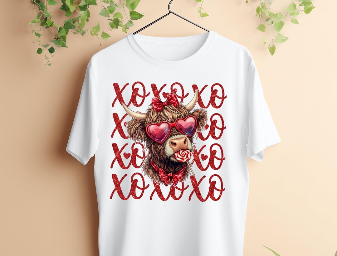 Valentine Highland Cow PNG, XOXO Glitter Sublimation Design, Cute Heart ...