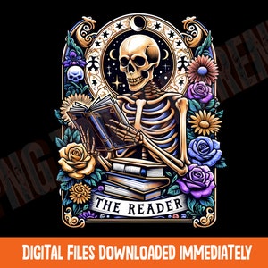 Carta de Tarot divertida, Amante del libro esqueleto png, El lector png, Descarga digital, Tarot peculiar png