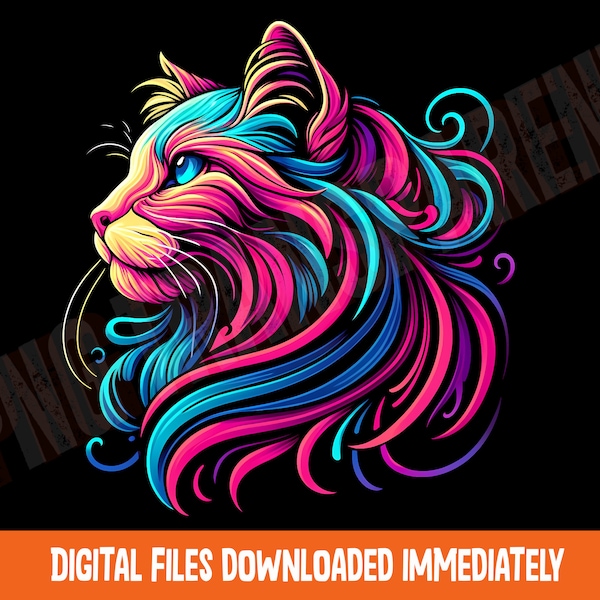 Vibrant Neon Cat png, Colorful, Modern Cat Lover png, Cat illustration png
