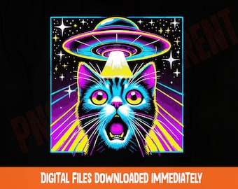 Retro Sci-Fi Alien Abduction Cat PNG: UFO Clipart (Digital Download)
