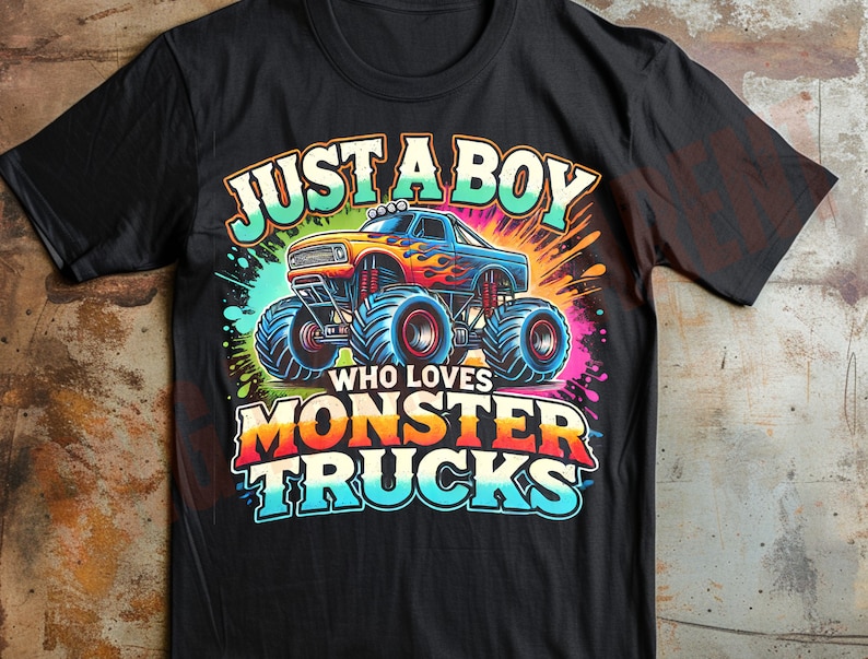 Retro Monster Truck Clipart PNG | Just a Boy Quote Design | Colorful Digital Art for Kids | DIY Sublimation Download