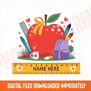 Nom personnalisé enfant png, retour à l'école png, conception personnalisée de fournitures scolaires, clipart nom d'enfant, sublimation de sac d'école