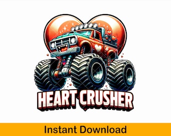 Camión monstruo Heart Crusher PNG: Divertido San Valentín para niños (Descarga digital)