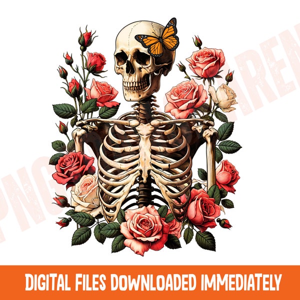 Skeleton and Roses png, Gothic Floral Clipart, Skull with Rosespng, Roses Illustration, Romantic Skull Art, Tattoo Style Flowers png