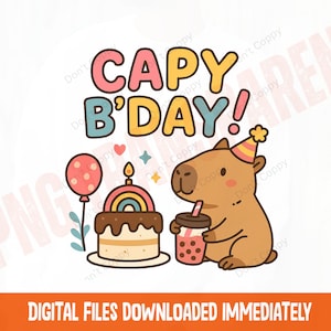 Capy Bday PNG, alles Gute zum Geburtstag Capybara Clipart, niedliches Tier-Party-Design, Capybara-Kuchen-Ballon-Kunst, transparentes PNG