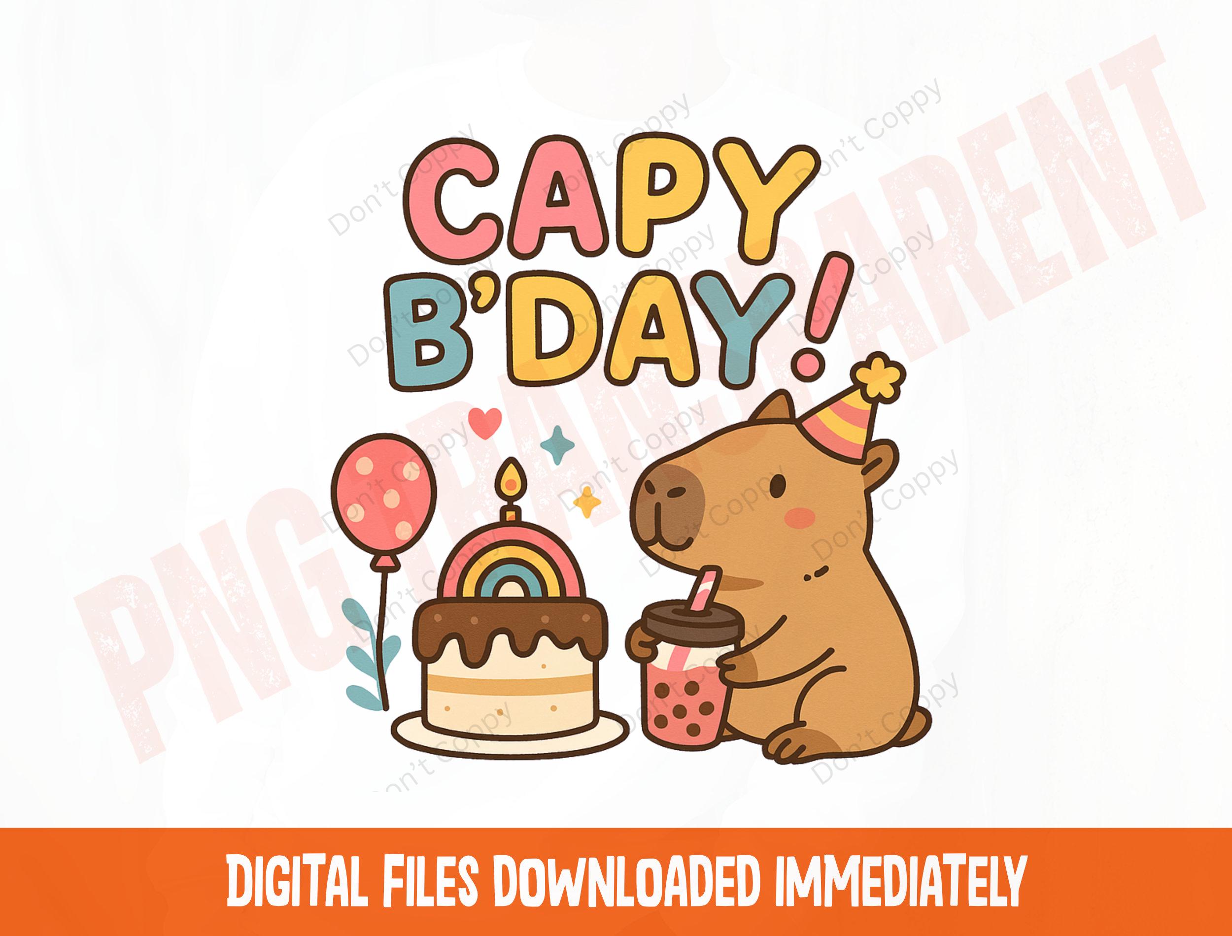 Capy Bday PNG, Happy Birthday Capybara Clipart, Cute Animal Party Design, Capybara Cake Balloon Art, Transparent PNG